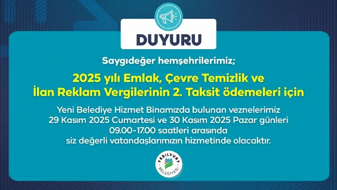 Yeşilyurt Belediyesi Vezneleri Hafta Sonu Açık
