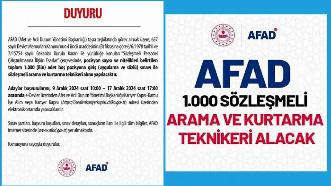 AFAD 1000 Arama ve Kurtarma Teknikeri Alımı Yapacağını Duyurdu