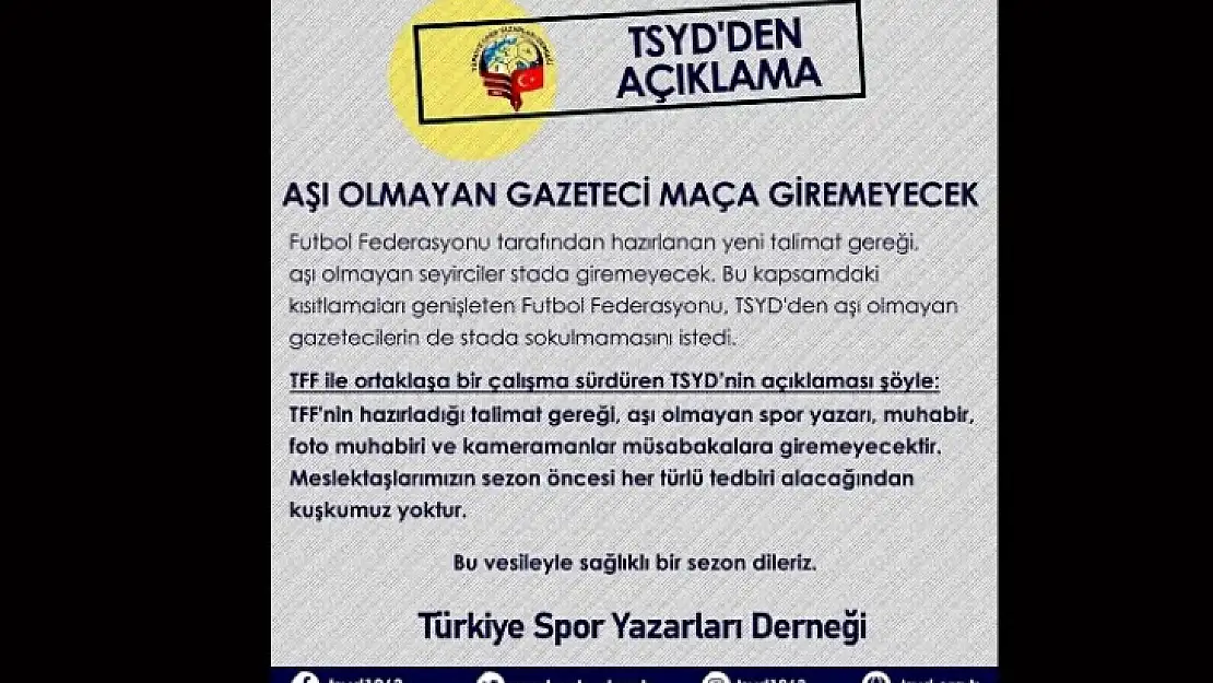 AŞI Olmayan Seyirciler gibi Gazetecilerde Maça Giremeyecek