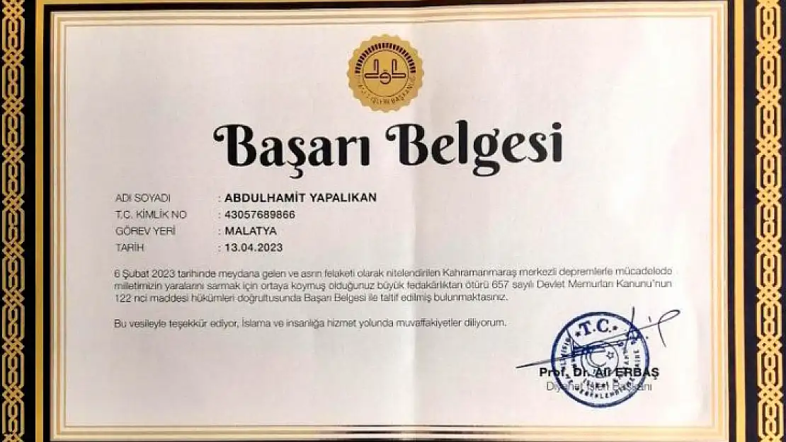 Diyanet İşleri Başkanı Erbaş'tan Sümer Cami İmamına Başarı Belgesi