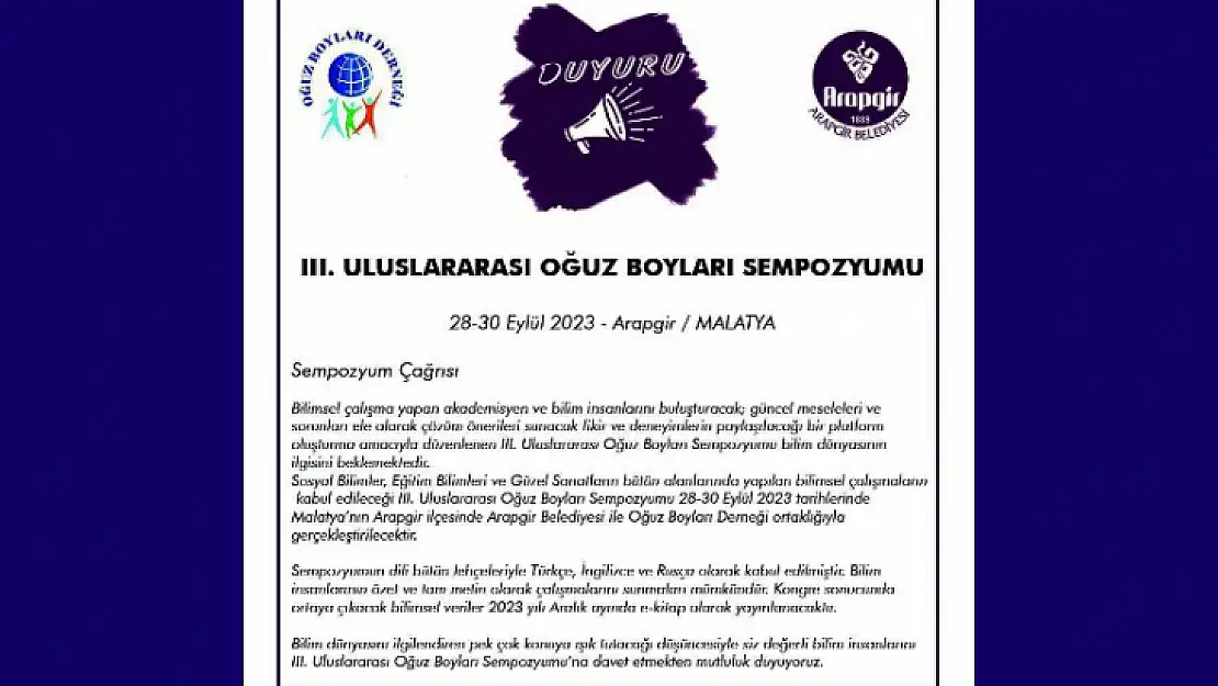 III. Uluslararası Oğuz Boyları Sempozyumuna Arapgir İlçesi Ev Sahipliği Yapacak