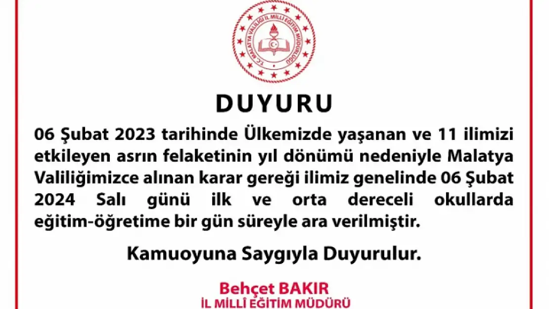 Malatya'da Okullarda 1 Gün Eğitime Ara Verildi