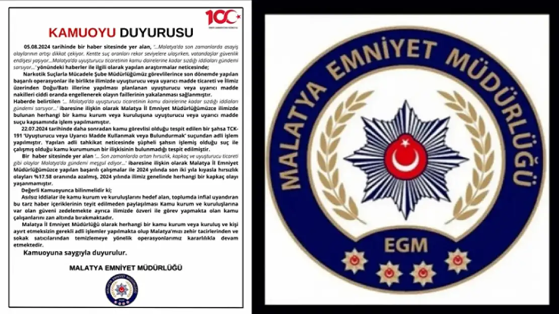 Malatya İl Emniyet Müdürlüğünden Açıklama