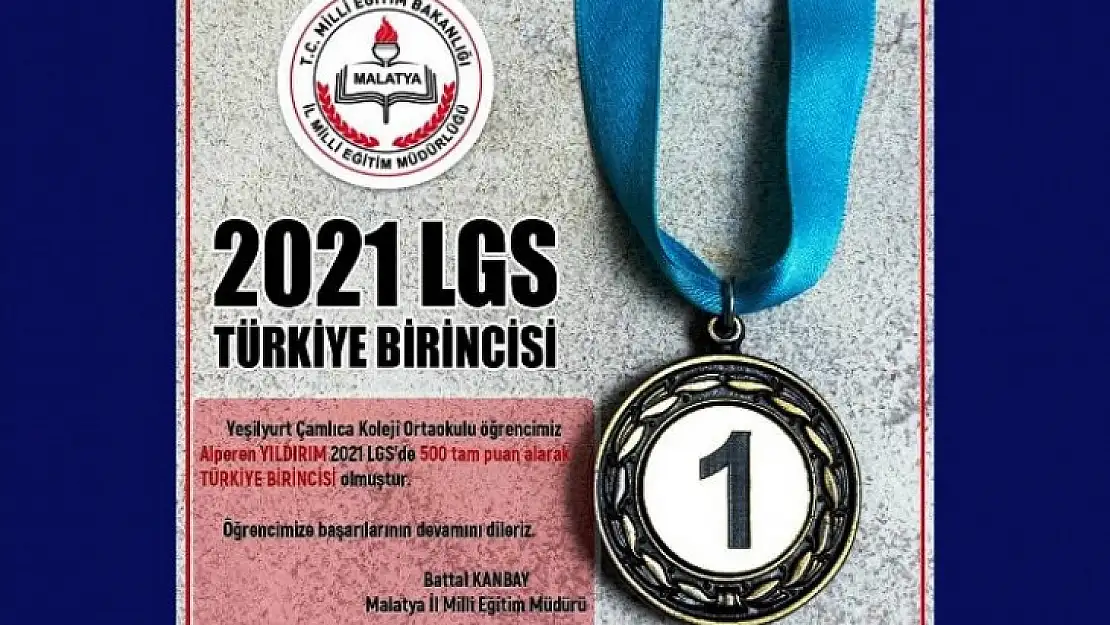 Malatyalı Öğrenci 500 Tam Puan ile LGS'de Türkiye Birincisi Oldu