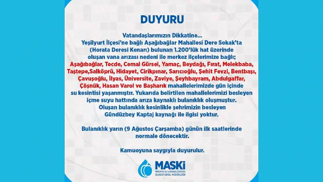 MASKİ'den Önemli Duyuru