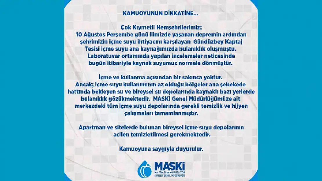 MASKİ'den Su İçilebilir Uyarısı