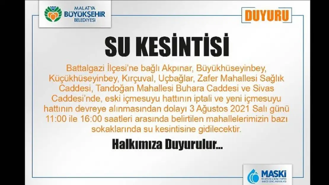 MASKİ'den Su Kesintisi Duyurusu
