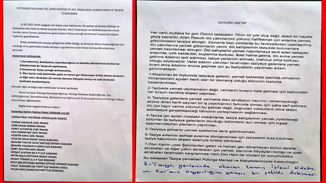 Pütürge'de Ortak Karar: Taziye Yemekleri Kaldırıldı