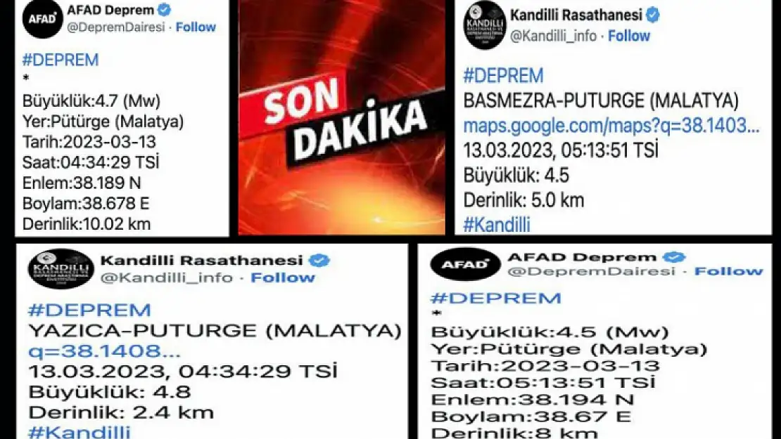 Pütürge ilçesinde 4.7 ve 4.5 Büyüklüğünde İki Deprem