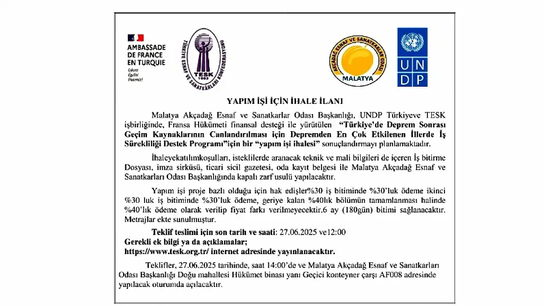 YAPIM İŞİ İÇİN İHALE İLANI