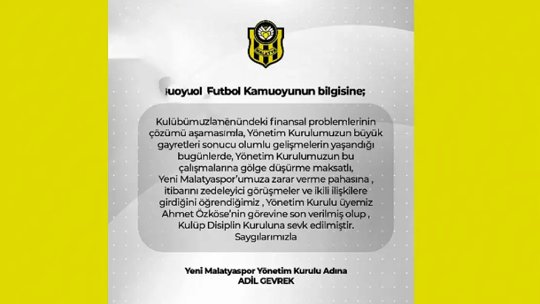 Yeni Malatyaspor'da Sıcak Gelişme