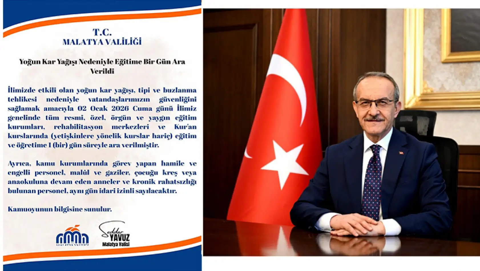 Malatya Genelinde Eğitime 1 Günlük Kar Tatili