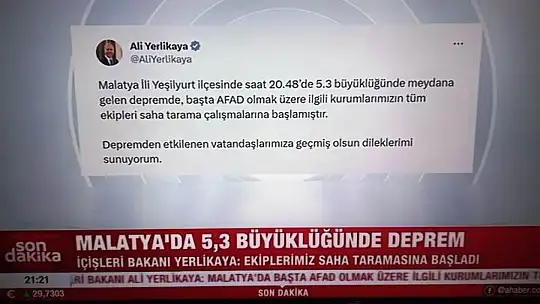 Malatya'da 5,3 Şiddetinde Deprem