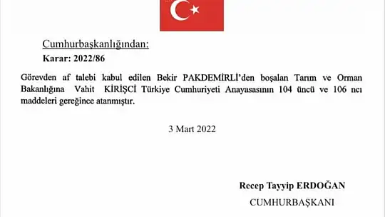 Tarım Bakanlığında Vahit Kirişçi Dönemç
