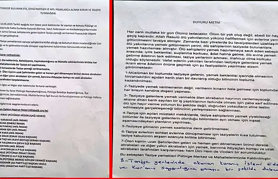 Pütürge'de Ortak Karar: Taziye Yemekleri Kaldırıldı