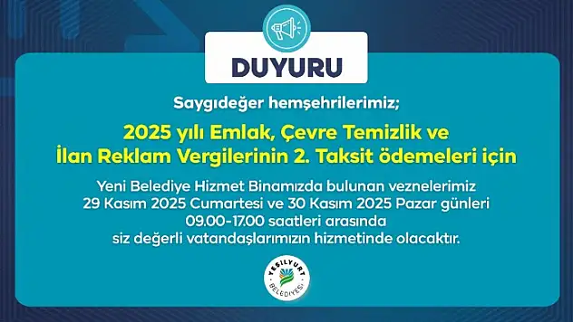 Yeşilyurt Belediyesi Vezneleri Hafta Sonu Açık