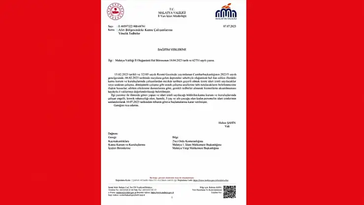Afet Bölgesindeki Kamu Çalışanlarına Yönelik İdari İzin Hakkında Duyuru