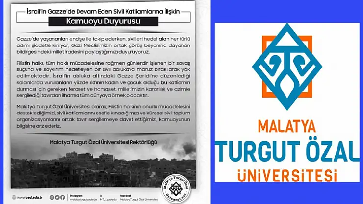 Malatya Turgut Özal üniversitesi Rektörlüğünden Filistin'e Destek, İsrail'e Tepki