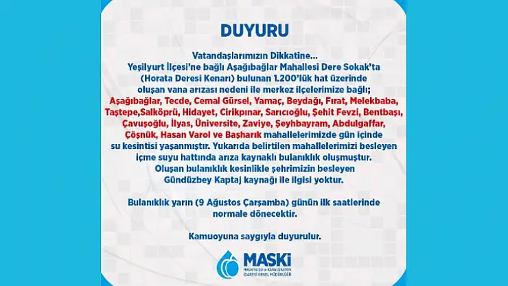MASKİ'den Önemli Duyuru