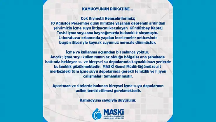 MASKİ'den Su İçilebilir Uyarısı