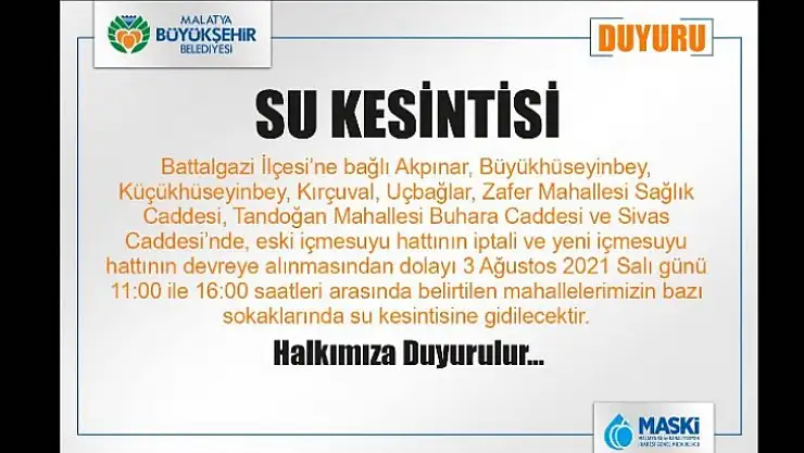 MASKİ'den Su Kesintisi Duyurusu