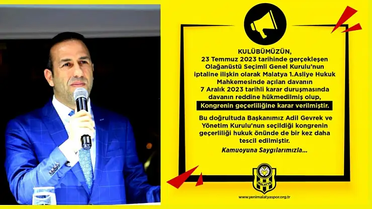Yeni Malatyaspor'da Adil Gevrek Mahkemeyi Kazandı