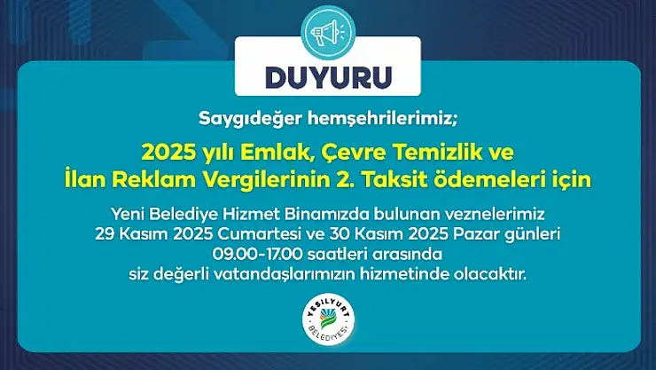 Yeşilyurt Belediyesi Vezneleri Hafta Sonu Açık