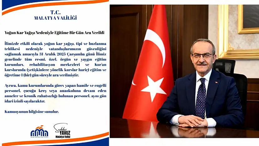 Malatya'da Okullara 1 Günlük Kar Tatili