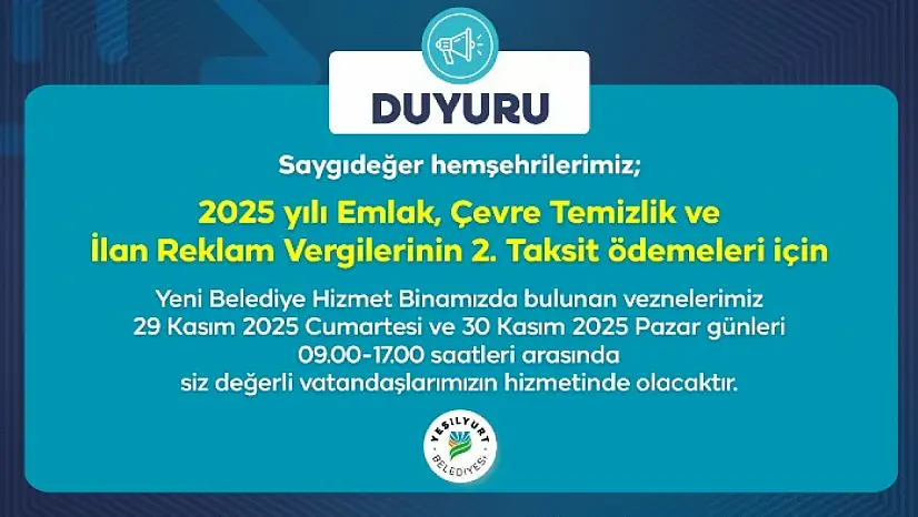 Yeşilyurt Belediyesi Vezneleri Hafta Sonu Açık